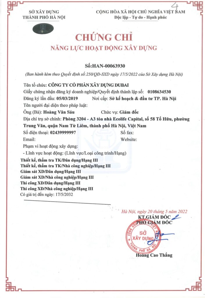 Chứng chỉ năng lực hoạt đông xây dựng đã được cấp cho Xây Dựng Dubai 6 chung chi nang luc hd dubai