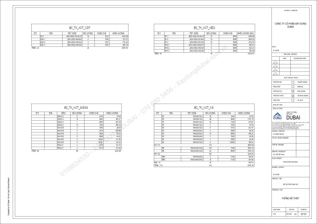 HỒ SƠ THIẾT KẾ NHÀ XƯỞNG RỘNG 35M DÀI 50M CAO 6M MIỄN PHÍ! 16 NX K35L50H6 Sheet S7 01 THONG KE THEP